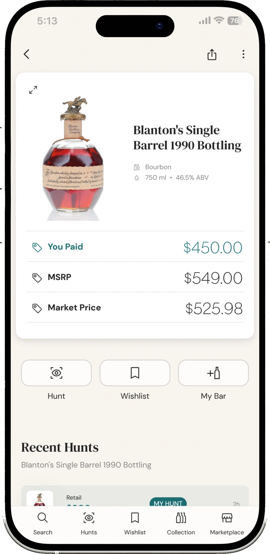 BAXUS bottle detail screen showing You Paid, MSRP, and Market Price