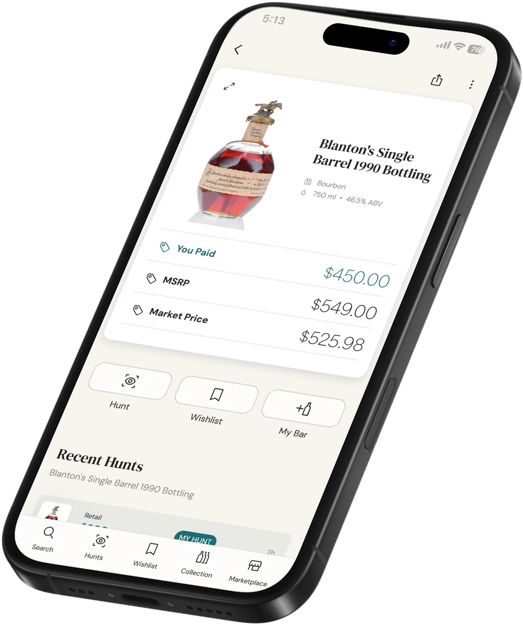 BAXUS app bottle screen on a tilted phone showing You Paid, MSRP, and Market Price