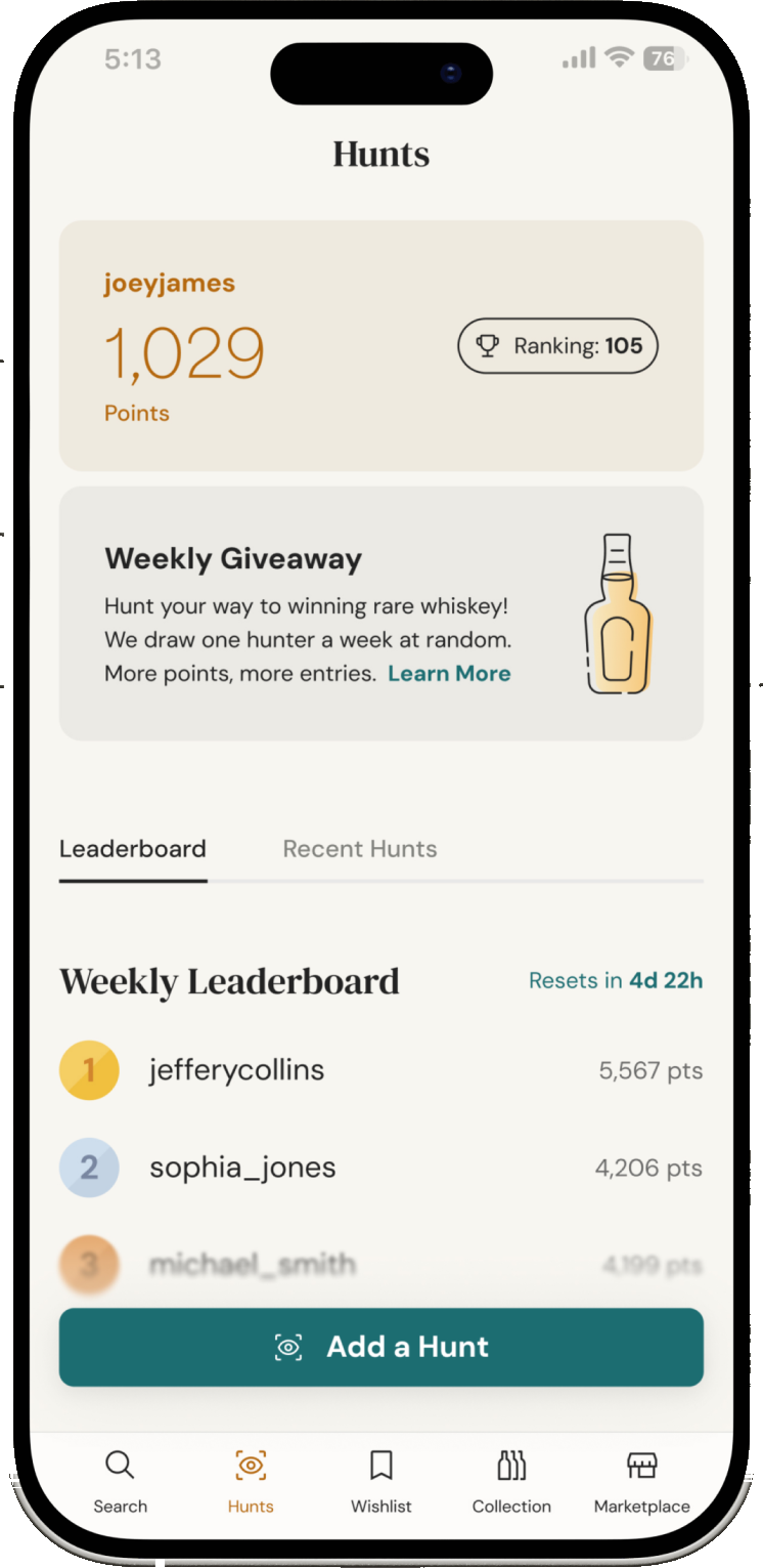 BAXUS Hunts screen showing points total, the weekly giveaway, and recent hunts